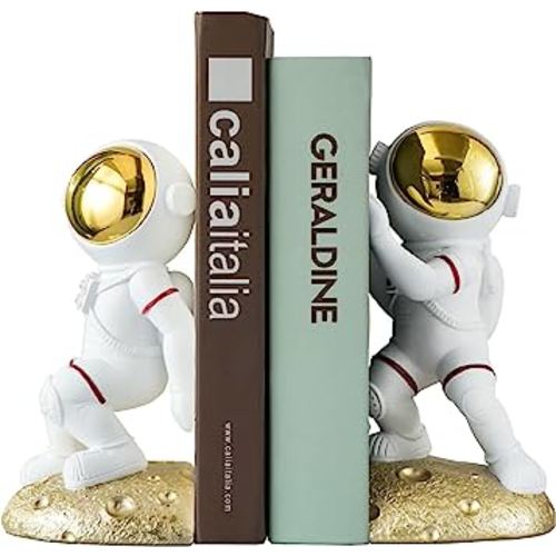Banllis Space Theme Bookends for Shelves, Astronaut Moon Book Ends for Kids Room, Decorative Planet Book Stoppers to Hold Books Heavy Duty, Unique Boys and Girls Gift (Gold)