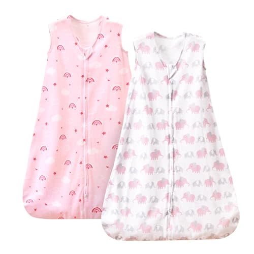PHF 100% Cotton Baby Sleep Sack, 6-12 Months Baby Wearable Blanket, 2-Way Zipper Infant Sleeping Sack for Baby Boys Girls, 2 Pack Comfy Medium Size Sleeveless Sleeping Bags, Rainbow & Pink Elephant