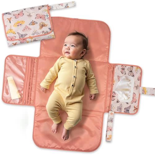 Tiny Twinkle Portable Diaper Changing Pad-Foldable Waterproof Changing Mat&Portable Changing Pad for Travel,Baby Changing Station with Smart Wipes Pocket&Storage (Flutter)