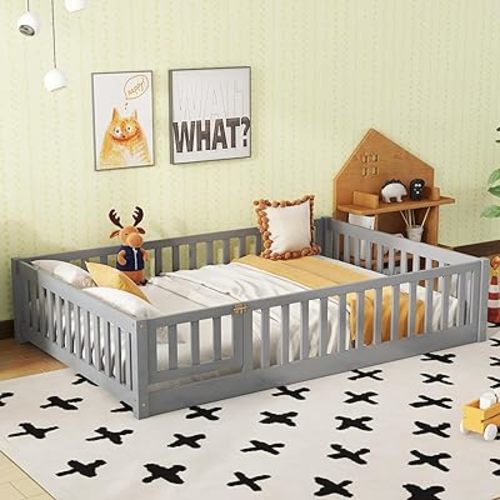 Full Size Floor Bed with Door and Fence for Kids, Montessori Floor Bed with Slats and Safety Guardrails,Solid Wood Floor Bed Frame Full Size for Girls Boys(Full,Gray)