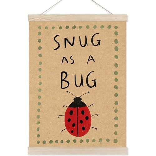 Koesus Vintage Snug As A Bug Wall Art Poster Hanger Frame 12x16 Inch, Cute Red Ladybug Insect Canvas Pictures Prints Framed Wall Decor for Kids Room Bedroom Nursery Playroom Home