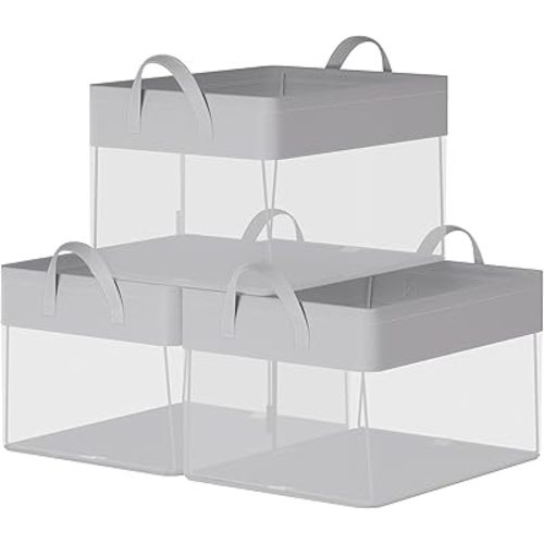 SONGMICS Storage Bins Set of 3, Medium Fabric Storage Baskets, Foldable Organizer with Transparent Nylon Mesh, 15.7 x 11.8 x 9.8 Inches, Handles, for Bedroom, Living Room, Dove Gray URFB940G01