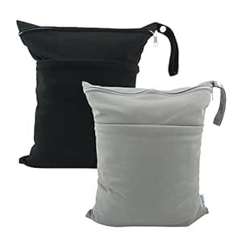 ALVABABY 2pcs Cloth Diaper Wet Dry Bags Waterproof Reusable with Two Zippered Pockets Travel Beach Pool Daycare Soiled Baby Items Yoga Gym Bag for Swimsuits or Wet Clothes L2629 - 01black&gray