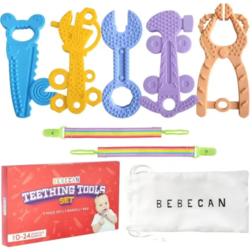 Teething Tools Teether for Baby - 5 Premium Food-Grade Silicone Baby Boy Teething Toys, 2 Straps for Safety and Travel Bag Tool Toys Provide Soothing Relief and Healthy Development.