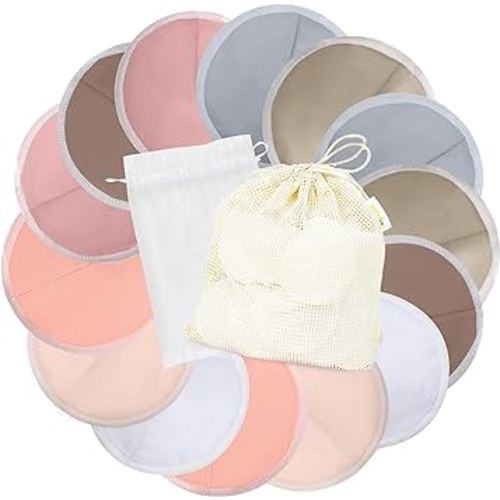 wegreeco Nursing Breast Pads (14 Pack) + Laundry Bag & Travel Storage Bag, 4.7 inch - Washable & Reusable Breastfeeding Nursing Pads (Mild, Large, Contoured Shape)