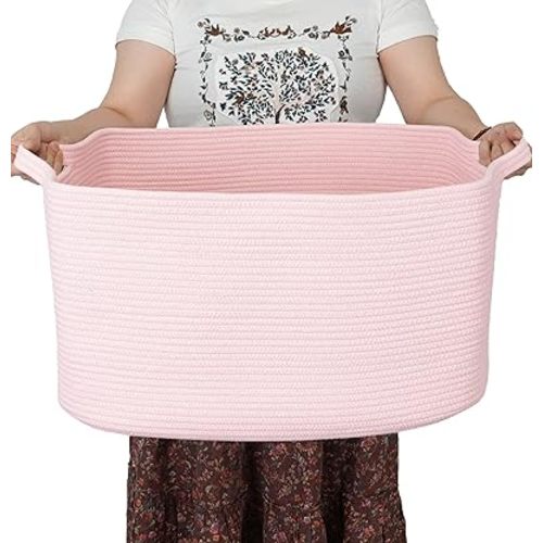 Large Rectangle Blankets Basket- 22"x17"x12" Toy Basket for Kids - Woven Cotton Rope Storage Basket for Nursery - Wicker Laundry Basket for Clothes Towels - Ideal for Living Room Storage pink