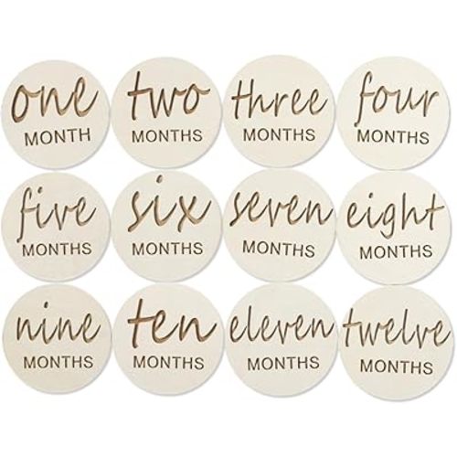 12pcs Wooden Baby Monthly Milestone Cards,Pregnancy and Baby Growth Monthly Milestone Wood Discs,Milestone for Baby Boy,Months Signs Milestone for Baby Girl,Fathers Day Gift