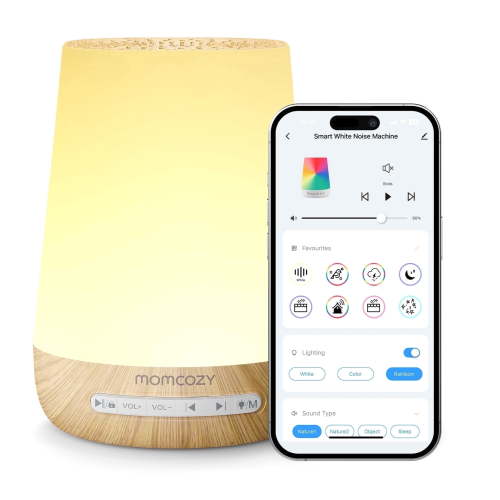 Momcozy White Noise Machine for Baby Sleeping with Night Light, Toddler Sleep Trainer with 34 Soothing Sounds, Timer, App Remote Control,Wood Grain