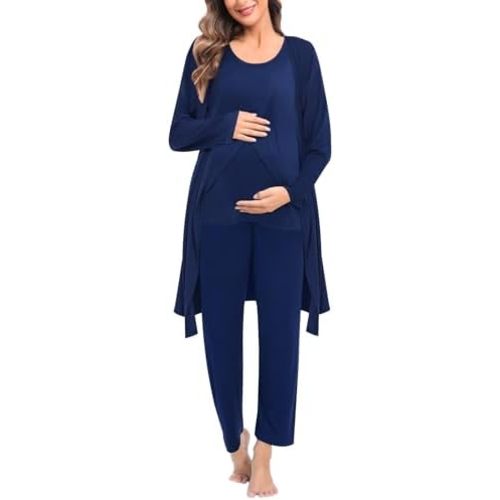 SWOMOG Maternity Nursing Robe Set 3 PCS Postpartum Breastfeeding Pajamas Hospital Pregnancy Pjs Double Layer Lounge Set