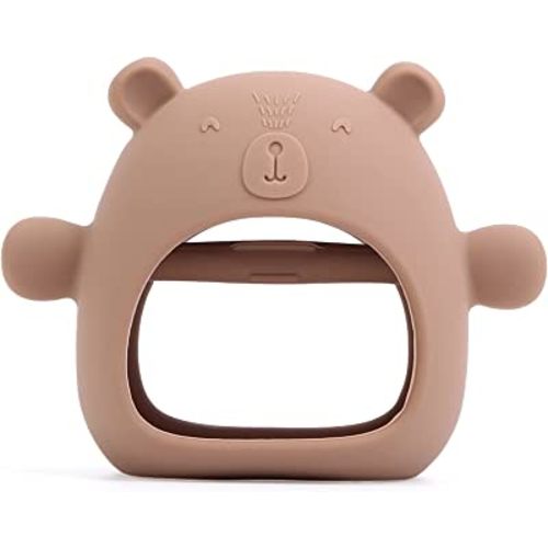 AULEGE Silicone Baby Teether Toy for Infants 3+ Months, Anti-Drop Silicone Baby Mitten Teether for Soothing Teething Pain Relief, Baby Chew Toys for Sucking Needs, BPA Free, Caramel