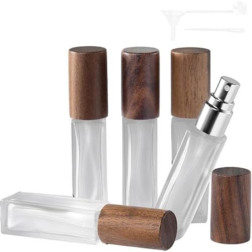 Perfume Atomizer, Glass Perfume Container,Travel Bottle Refillable, Empty Portable Leakproof Frangrance Spray Bottle (Walnut 5pcs 10ml/0.3oz)