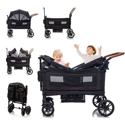 SPWVIP Stroller Wagon for 2 Kids- Lightweight Travel Folding Push Pull Baby Wagon for Newborn&Toddler with 5-Point Harness,Adjustable Canopy,Tray Table,Cup Holder,Storage Pocketsets