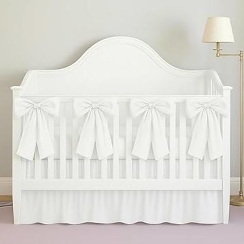 White Crib Bed Skirts with 4 Large Cot Bow 28" x 52" Baby Crib Skirt for Boys Girls Nursery Toddler Bedskirt Dust Ruffle 14" Drop(Ruffle)