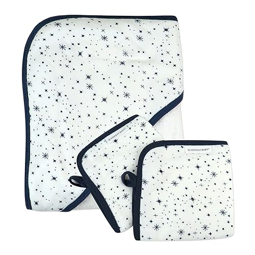 HonestBaby Unisex Baby 3-Piece Organic Cotton Hooded Towel & Washcloth Set, Twinkle Star White/Navy, One Size