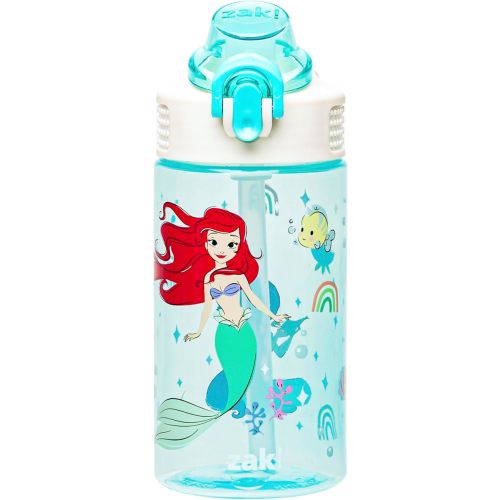 Zak Designs Disney Princess Kids Water Bottle, 16oz Durable Plastic | Sage | For School or Travel | With Straw | Handle | Leak-Proof | Pop-Up Spout Cover | Ariel & Jasmine