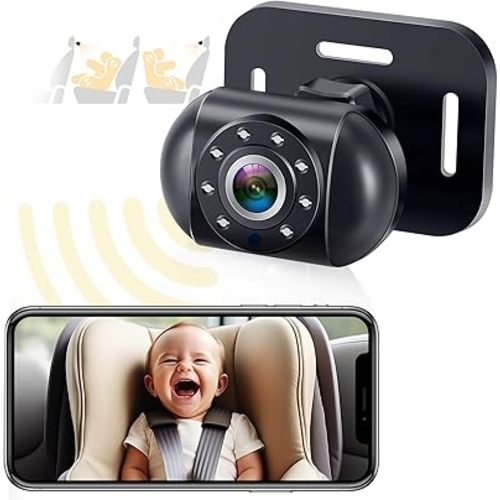 Wireless Baby Car Camera for Backseat: Battery Powered Easy Setup Video Record - HD 1080P Cordless Infant Carseat Camera for iPhone Only - Clear Night Vision Rear Facing Camera for 2 Kids - V12