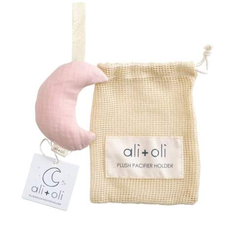 Ali+Oli Plush Muslin Cotton Pacifier Holder (Moon-Pink) Soft Binky Holder for Babies, Plush Holder for Pacifiers, Cute Baby Binkies Plush Holder, Pacifier Holder for Baby Boys & Girls