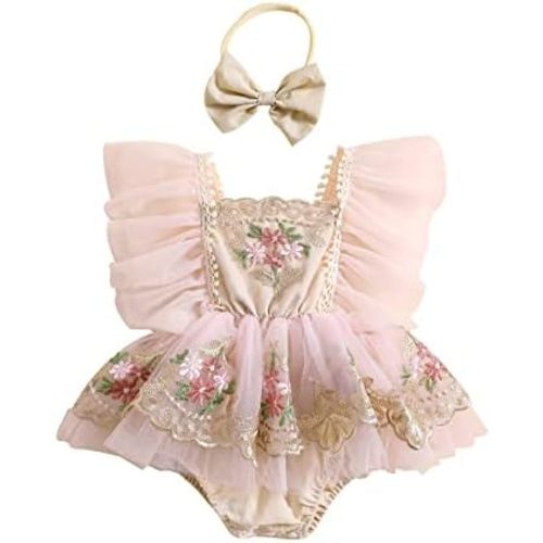 Engofs Baby Girl Boho 1st Birthday Romper Lace Floral Photoshoot Cake Smash Outfit