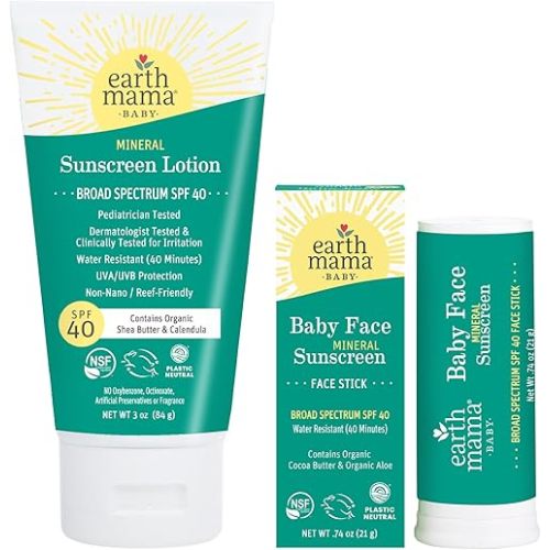 Earth Mama Baby Face Mineral Sunscreen Stick & Lotion Set, SPF 40 | Reef Safe, Non-Nano Zinc, Contains Organic Cocoa Butter, Shea Butter, Aloe & Calendula | Babies, Kids & Family