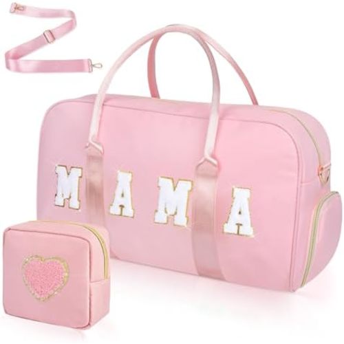 Mama Bag, Mama Hospital Bag for Labor and Delivery Nylon Chenille Letter Embroidered Duffle Bag Overnight Bag Weekender Bag with Shoes Compartment and Toiletry Bag Mothers Day Gifts (Pink, Mama)
