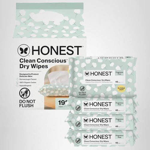 The Honest Company 100% Pure Organic Cotton Dry Wipes, Hypoallergenic, Multi-Use, Baby Facial Cloths, 192 Count