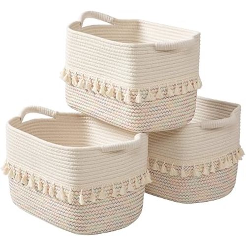 TeoKJ Woven Baskets for Storage, Set of 3 Cotton Rope Basket with Handle for Decor and Storage, Cute Baskets for Organizing in Classroom, Kitchen, Bathroom, White & Stitches Rainbow