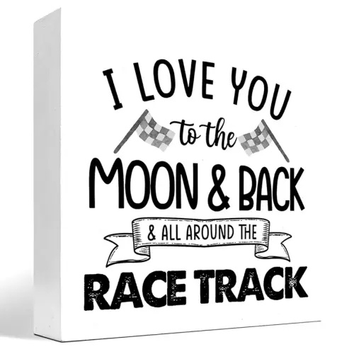 z-crange I Love You To The Moon And Back And All Around The Race Track Wood Box Sign Desk Decor,Farmhouse Racing Checkered Flags Box Block Sign for Home Boys Room Shelf Table Decor Decorations