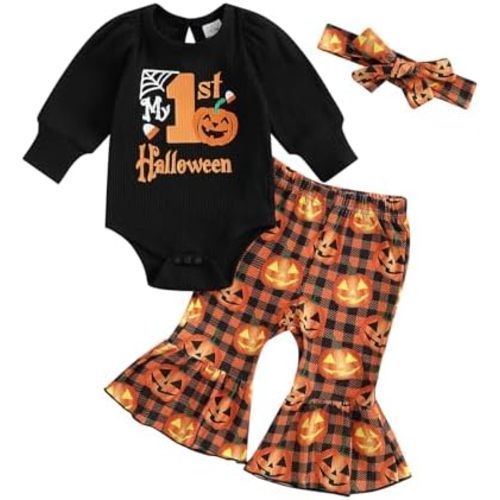 My 1st Halloween Baby Girl Outfit Puff Long Sleeve Ribbed Knit Romper Top Flare Pants Headband 3 Piece Set