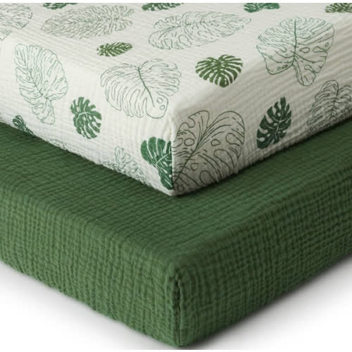 Blissful Diary Muslin Crib Sheets for Girl Boy, Boho Neutral Soft Cotton Baby Sheet for 52''x28'' Standard Crib Mattress, 2 Pack(Monstera&Dark Green)