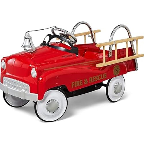 Kid Trax Fire Truck Pedal Car for Toddlers, Ages 3-5, Easy Assembly, Durable Steel, Indoor/Outdoor Ride-On, 60lbs Max, Classic Style, Functional Steering, Red, Kids Fire Truck Ride-On, Vintage