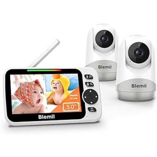 Blemil Baby Monitor,5" Large Split-Screen Video Baby Monitor with 2 Cameras and Audio, Remote Pan/Tilt/Zoom, Two-Way Talk, Room Temperature Monitor, Auto Night Vision, Power Saving/Vox