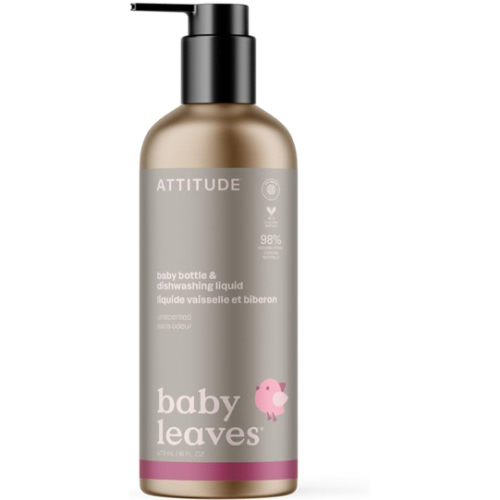 ATTITUDE Baby Dish Soap and Bottle Cleaner, EWG Verified Dishwashing Liquid, No Added Dyes or Fragrances, Tough on Milk Residue and Grease, Vegan, Refillable Aluminum Bottle, Unscented, 16 Fl Oz
