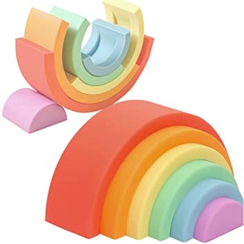 let's make Rainbow Stacking Toy Baby Silicone Stacker Building Blocks Arch Shape Nesting Puzzle Montessori Toy 3 Years Early Development Sensory Toy (6Pcs) - Rainbow Colors
