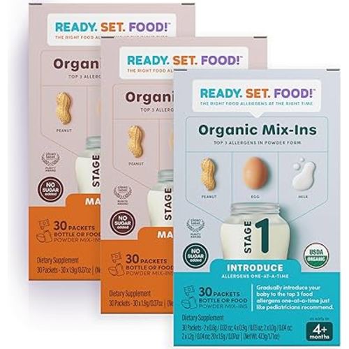Ready, Set, Food! Stage 1 & 2 Mix-ins – Safe&Easy Early Allergen Introduction, Babies 4+ Months, Mix with Breastmilk, Formula & Baby Food, with 3 Top Allergens: Organic Peanuts, Milk & Eggs (90 Days)