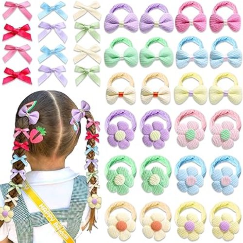 48 Pcs Toddler Hair Ties for Girls, Baby Hair Bows Cute Flower Hair Ties Colorful Elastics Scrunchies,Bow Hair Clips Y2K Snap Hair clips,Seamless Ponytail Holders, Little Girls Hair Accessories