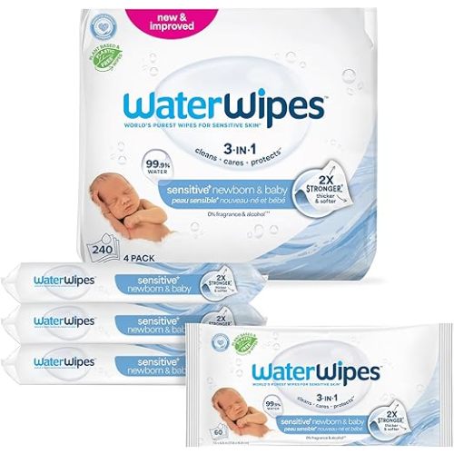 WaterWipes Sensitive+ Newborn & Baby Wipes, 3-In-1 Cleans, Cares, Protects, 99.9% Water, Unscented & Hypoallergenic, 240 Count (4 Packs)