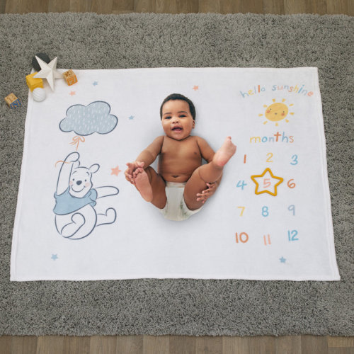 Disney NoJo Disney Winnie the Pooh White, Yellow, and Aqua Super Soft Milestone Baby Blanket | Wayfair
