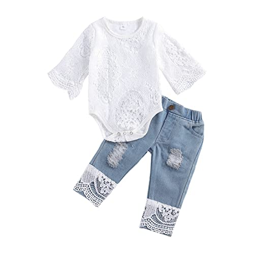 COTUMEl Newborn Baby Girl Clothes Summer Outfits Lace Long Sleeve Romper Top and Ripped Flare Jeans Cute 2PCS Infant Set