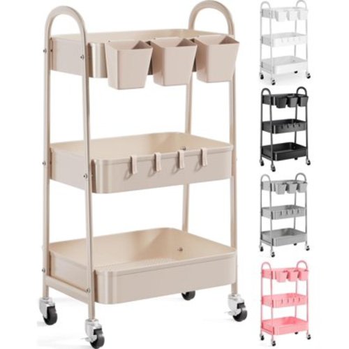 3 Tier Khaki Metal Utility Rolling Cart, Storage Cart with Handle and Lockable Wheels, Multifunctional Organizer Trolley with Mesh Storage Baskets for Kitchen, Office, Living Room, Laundry, Garage