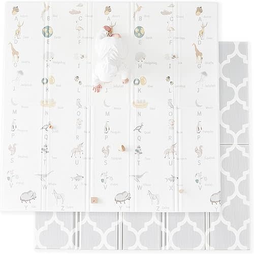 Cuddle & Learn Playmat by Fortella, Foldable Foam Baby Play Mat for Floor, Extra Large & Padded for Tummy Time and Outdoors, Portable with Travel Case (Alphabet & Moroccan 71.5x70x0.6 inch)