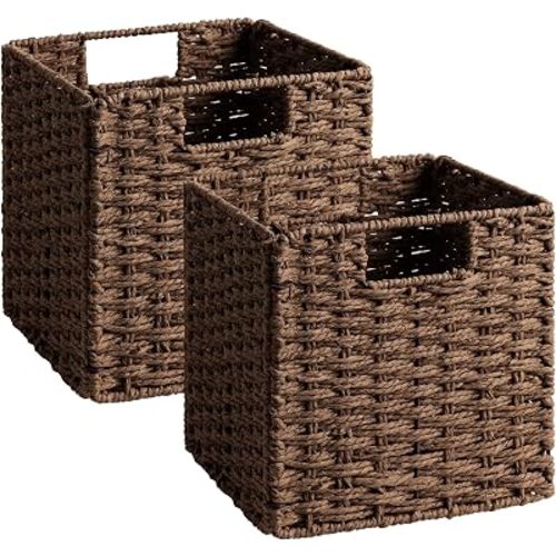 StorageWorks 9 inch Wicker Storage Cubes, Handwoven Wicker Baskets for Storage, Square Cube Organizer Bins, Foldable Paper Rope Basket for Organizing, Brown, 2 Pack