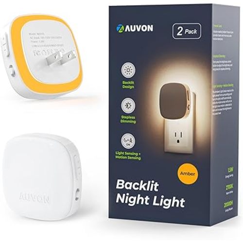 AUVON Plug-in LED Backlit Night Light with Motion Sensor & Dusk to Dawn Sensor, Dimmable Amber Nightlight with 1-50 lm Adjustable Brightness for Bathroom, Bedroom, Hallway, Stairs (2 Pack)