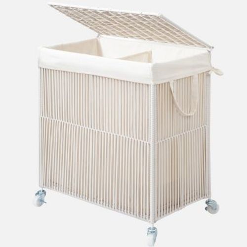 WOWLIVE Rolling Laundry Hamper with Wheels and Lid, 2-Compartment Rattan Basket with Removable Liner