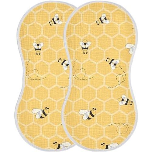 Cute Bee On Honey Yellow Honeycomb Muslin Burp Cloths for Baby 2 Pack 100% Cotton Baby Washcloths Bibs for Boy Girl
