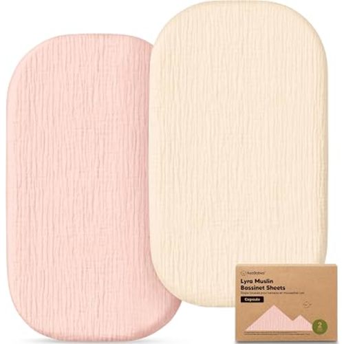 2-Pack Muslin Baby Bassinet Sheets Girls, Boys – 100% Cotton Organic Bassinet Sheets, 33x20 Oval Capsule Mattress Cover, Universal Fit Compatible with Maxi Cosi Iora Baby Bassinet Mattress (Cameo)