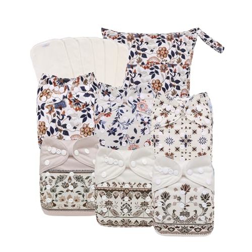 babygoal Boho Cloth Diapers Pack of 13, Baby Reusable Washable Pocket Nappy, 6pcs Diapers+6pcs Rayon from Bamboo Inserts+Wet Bag,6FG49-MB-B