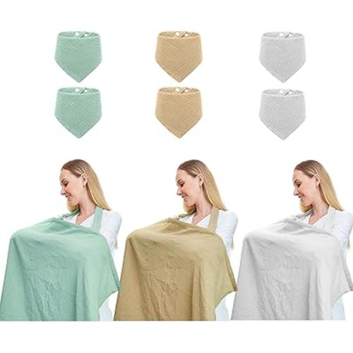 Baby Nursing Covers, Breathable 100% Cotton Nursing Cover with Arched Neckline,Nursing Apron. (Mint Green/khaki/Light Grey)
