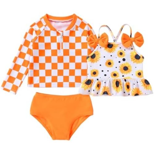 Toddler Baby Girls Swimsuit UPF 50+ Sun Protection Long Sleeve Rash Guard Tankini Sets 3-Piece Bathing Suit 6M-4T