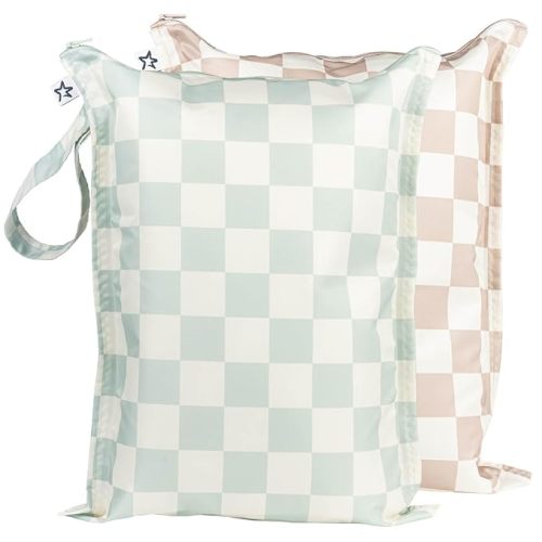 Tiny Twinkle Mess-proof Wet Bags 2 Pack Waterproof and Washable Bag for Travel storage, Stroller, Daycare, Baby Diapers, Yoga, Beach, Pool, Wet Toddler Swimsuits (Unisex Checkers)