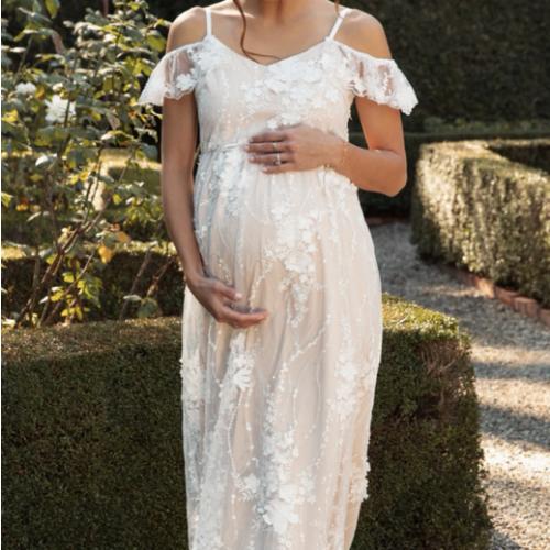 Ivory Floral Embroidered Mesh Maternity Evening Gown– PinkBlush